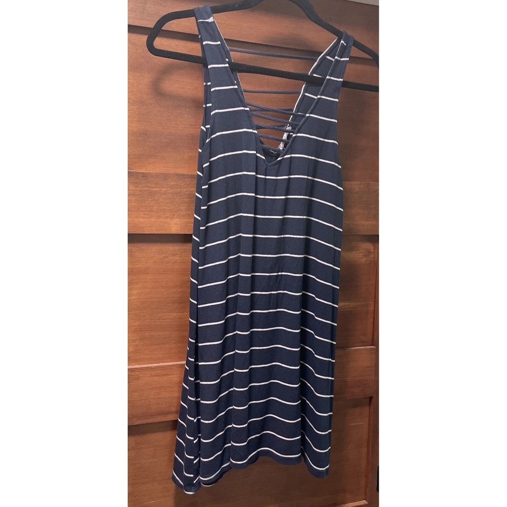 Sociallite Cotton Dress Navy White Strip Short Soft Ribbed Flowy Crisscross